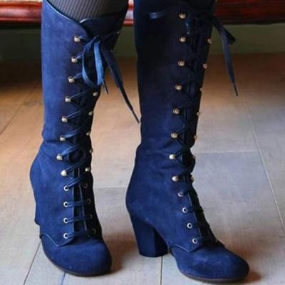 Women blue leather mid length high boots